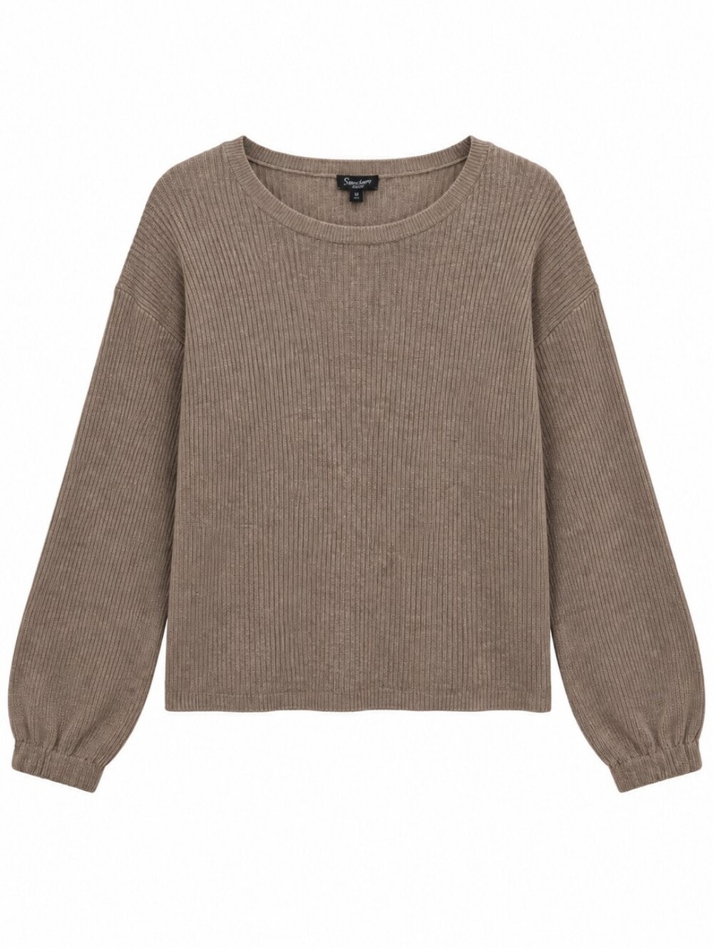 Splendid Ribbed Taupe Crewneck Sweater with Balloon Sleeves
